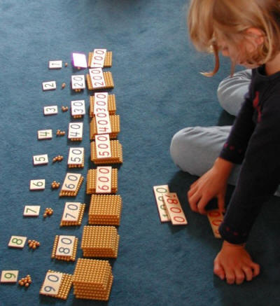 Mädchen beschäftigt sich hochknozentriert mit Montessori Goldene Perlenmaterial 